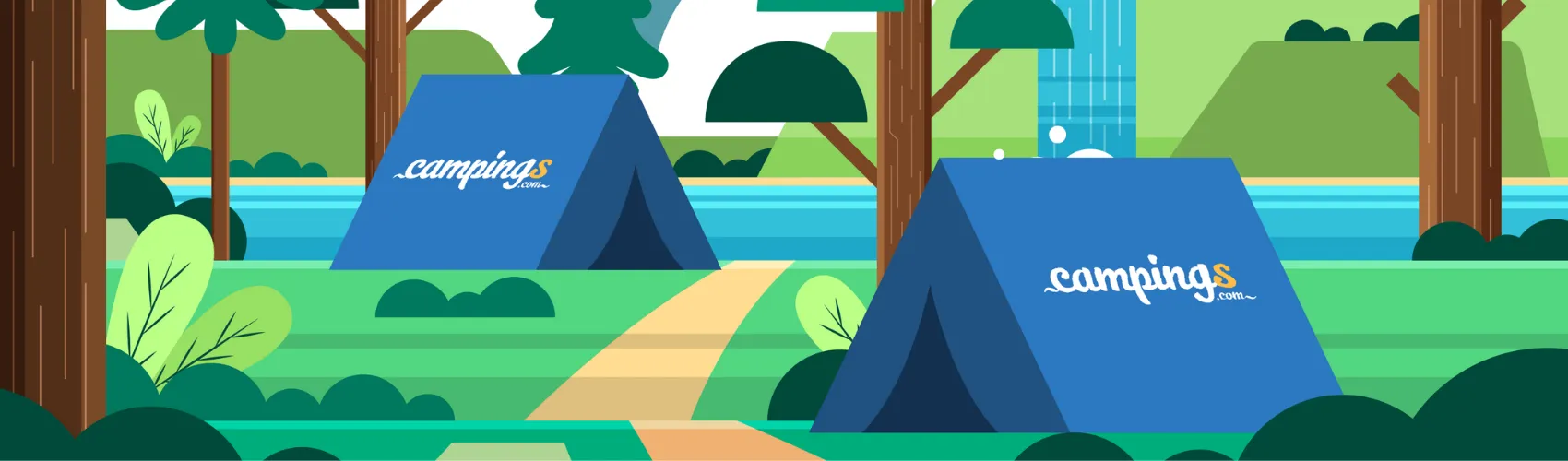image de deux tentes en forêt avec le logo camping.com dessus